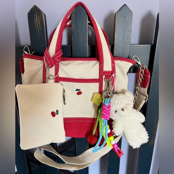 NWT Madden Girl Cherry Canvas Mini Tote Crossbody Bag Charms and Keychain - Picture 1 of 13